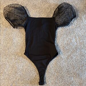 Women’s Black One-Piece with Sheer Puff Sleeves